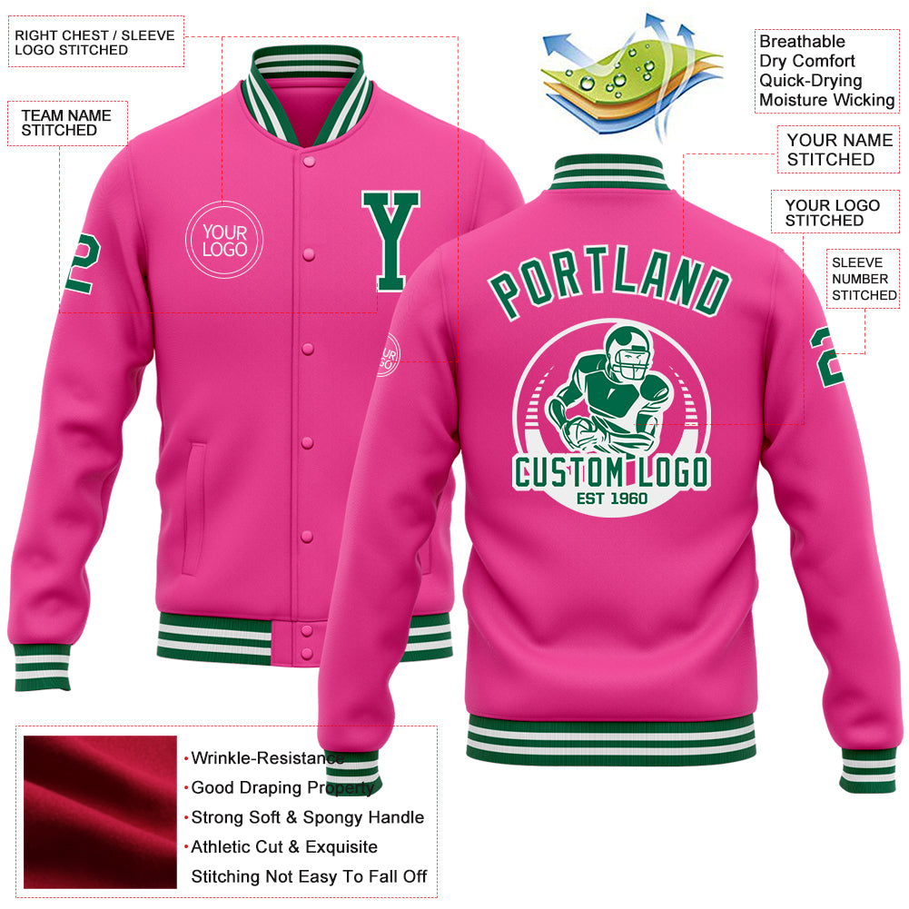 Custom Gray Pink K-Ribbon Raglan Sleeves Varsity Full-Snap Color Block Letterman Jacket main image 1