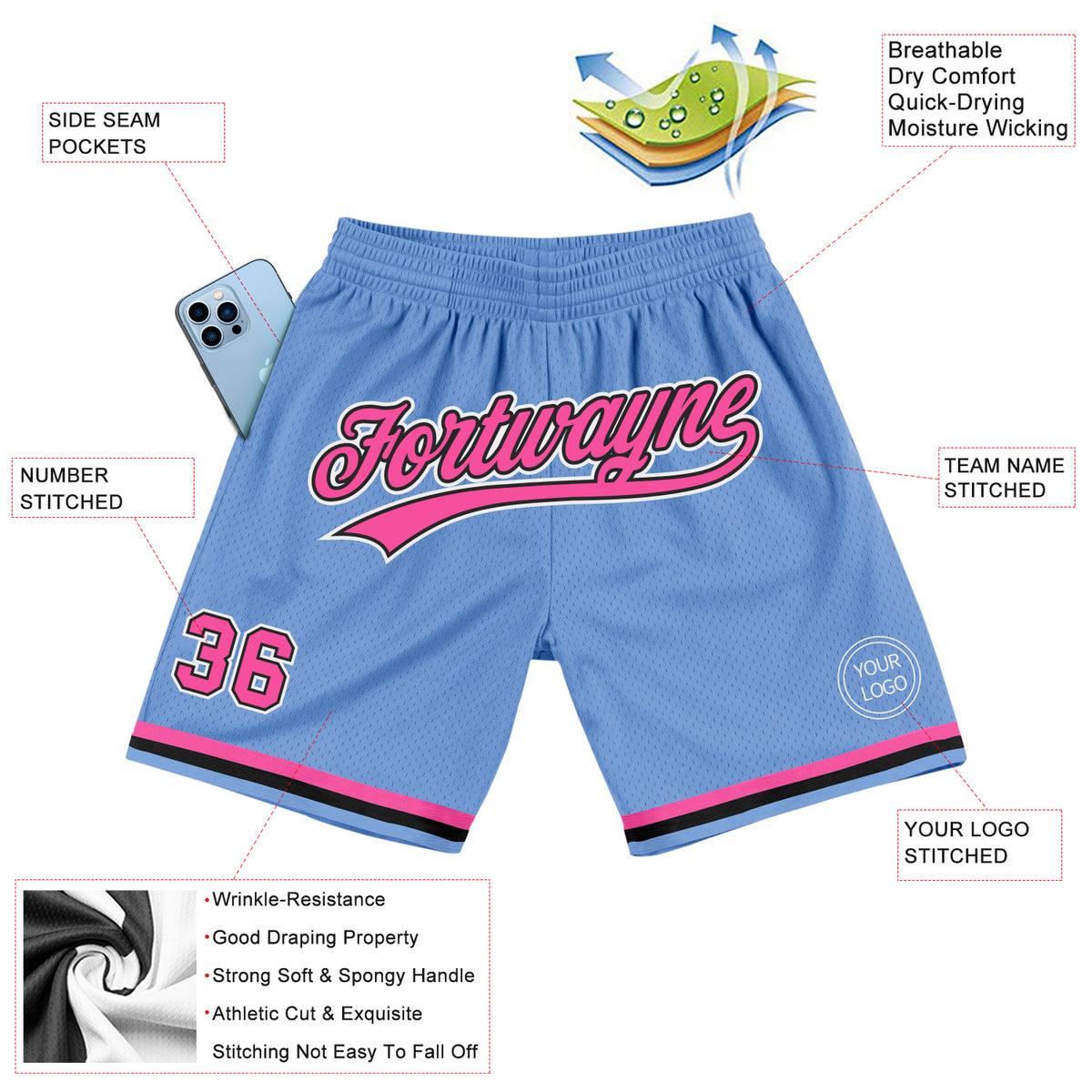 Custom Light Blue Pink-Black Authentic Throwback Split Fashion Basketball  Shorts Fast Shipping – FiitgCustom