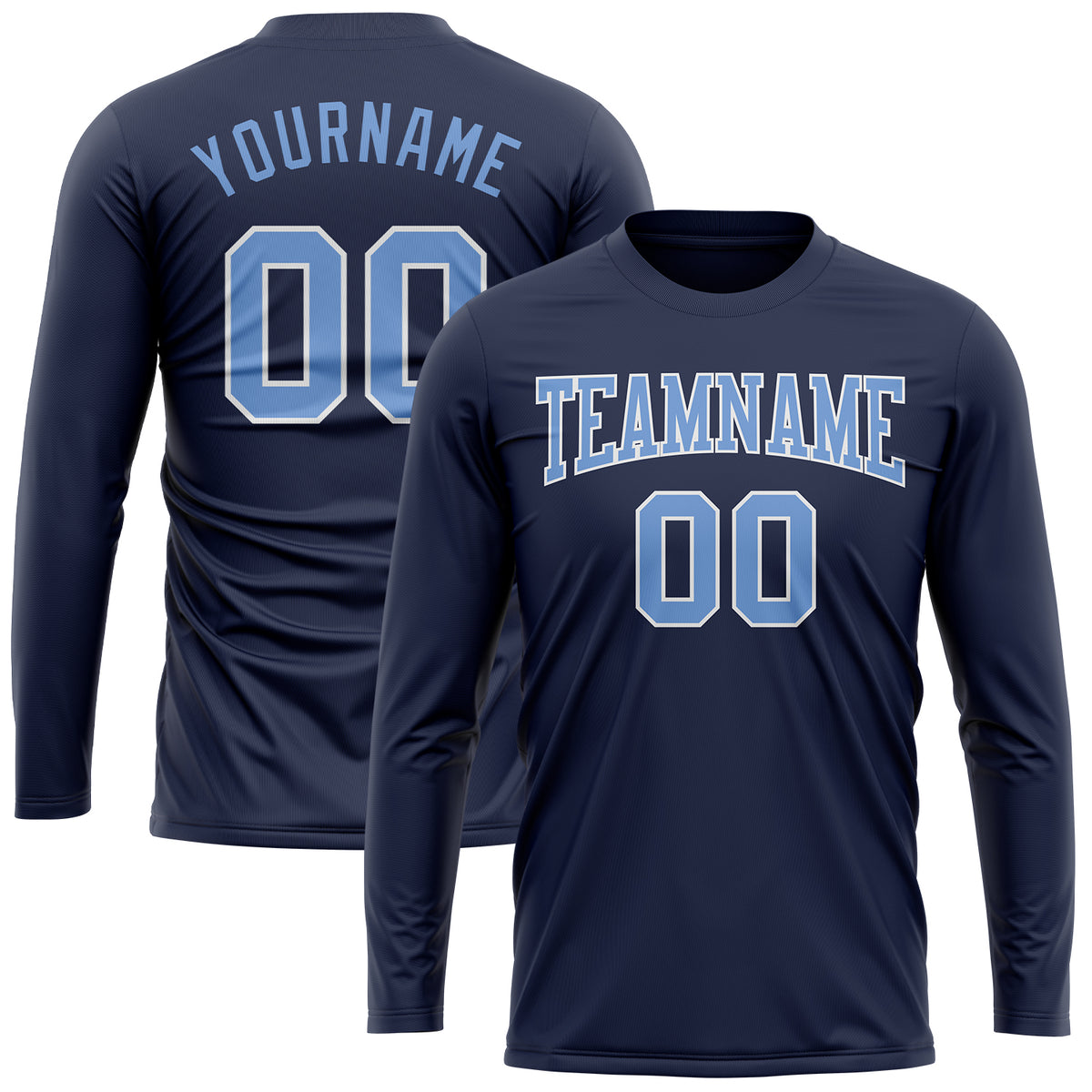 Custom Powder Blue Navy Crew Neck Split Design Long Sleeve Performance T-Shirt