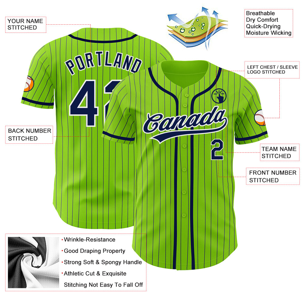 Custom Neon Green Navy Pinstripe White Authentic Baseball Jersey Fiitg