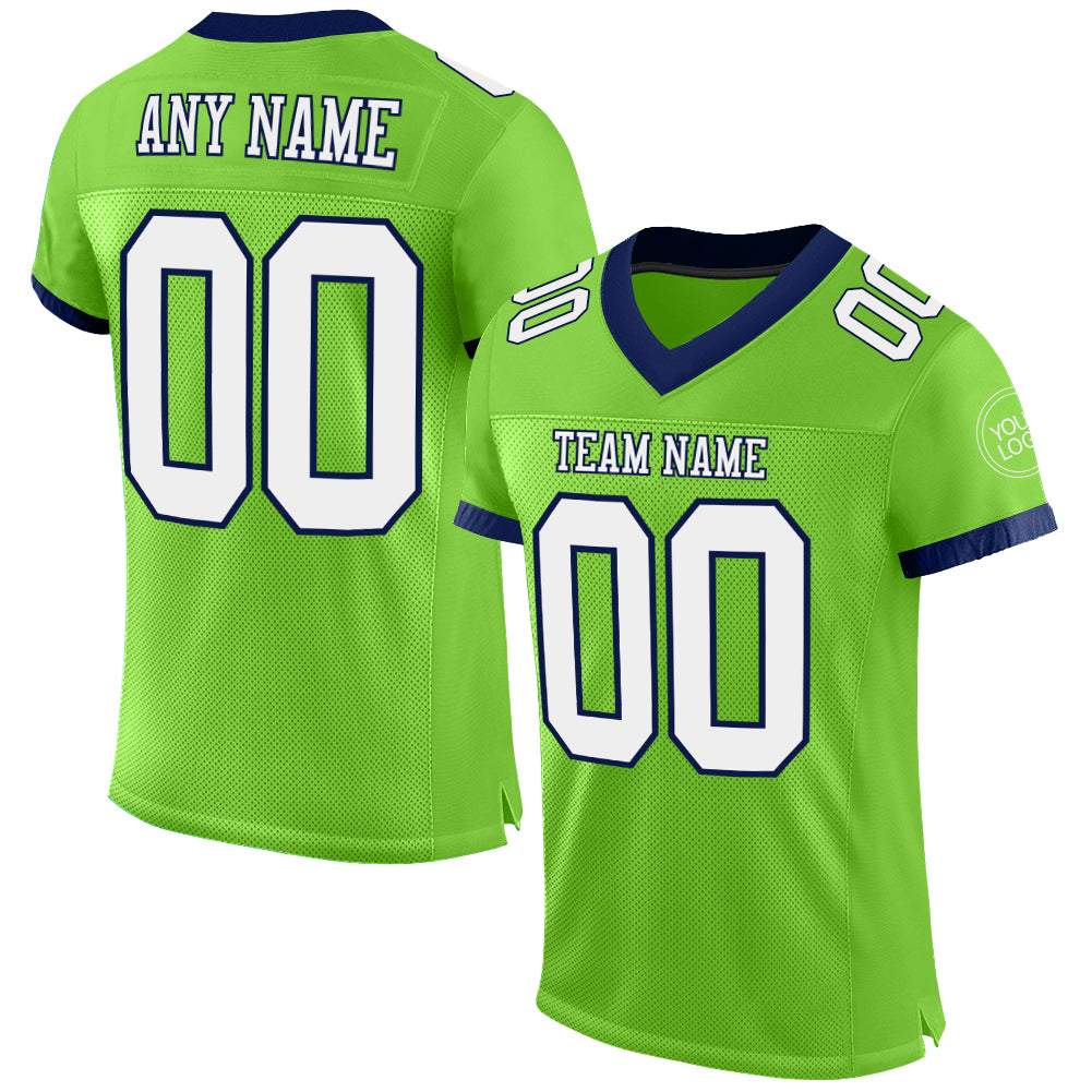 Custom Neon Green White Navy Mesh Authentic Football Jersey Fiitg 