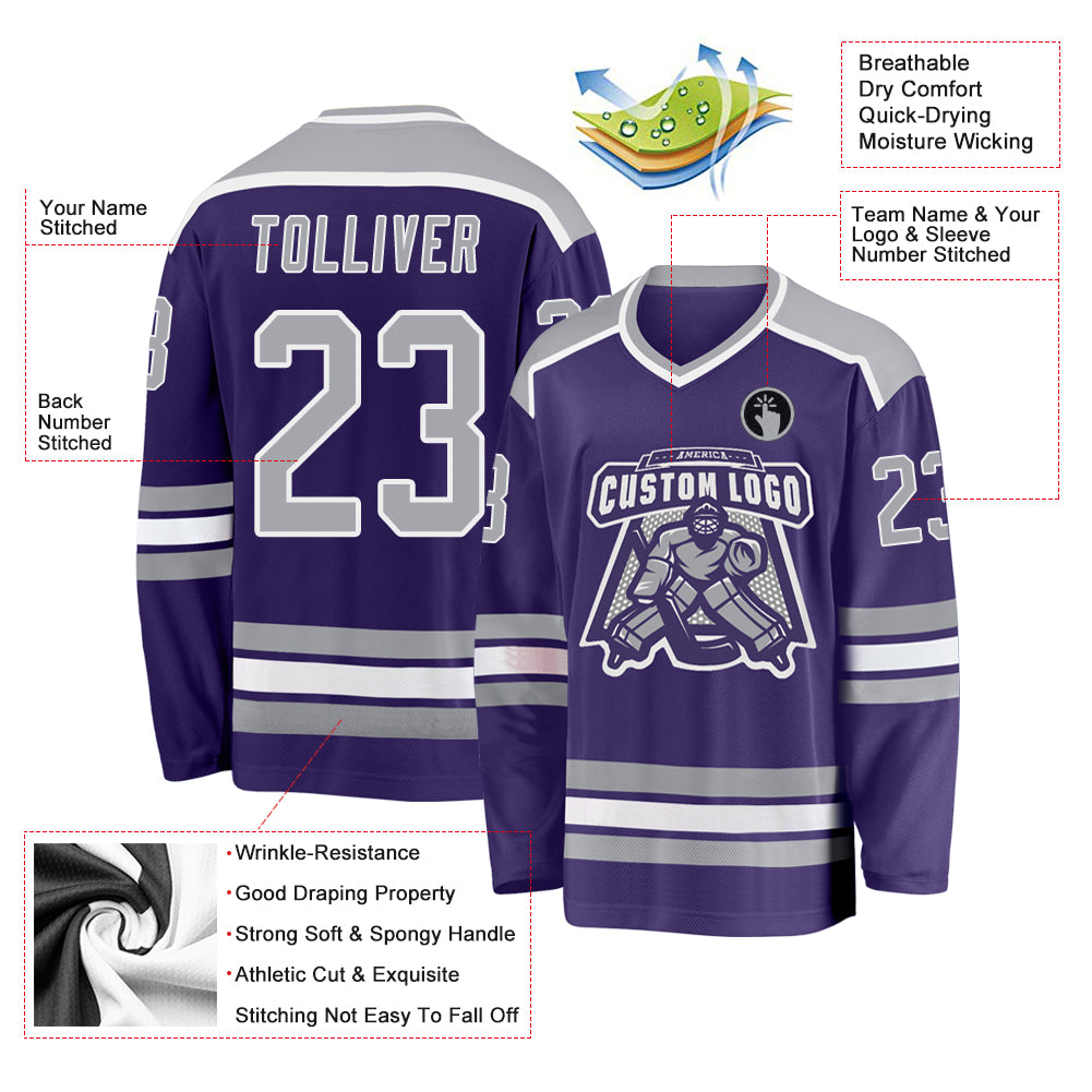  Custom Purple Gray-Old Gold Hockey Jersey,Personalized