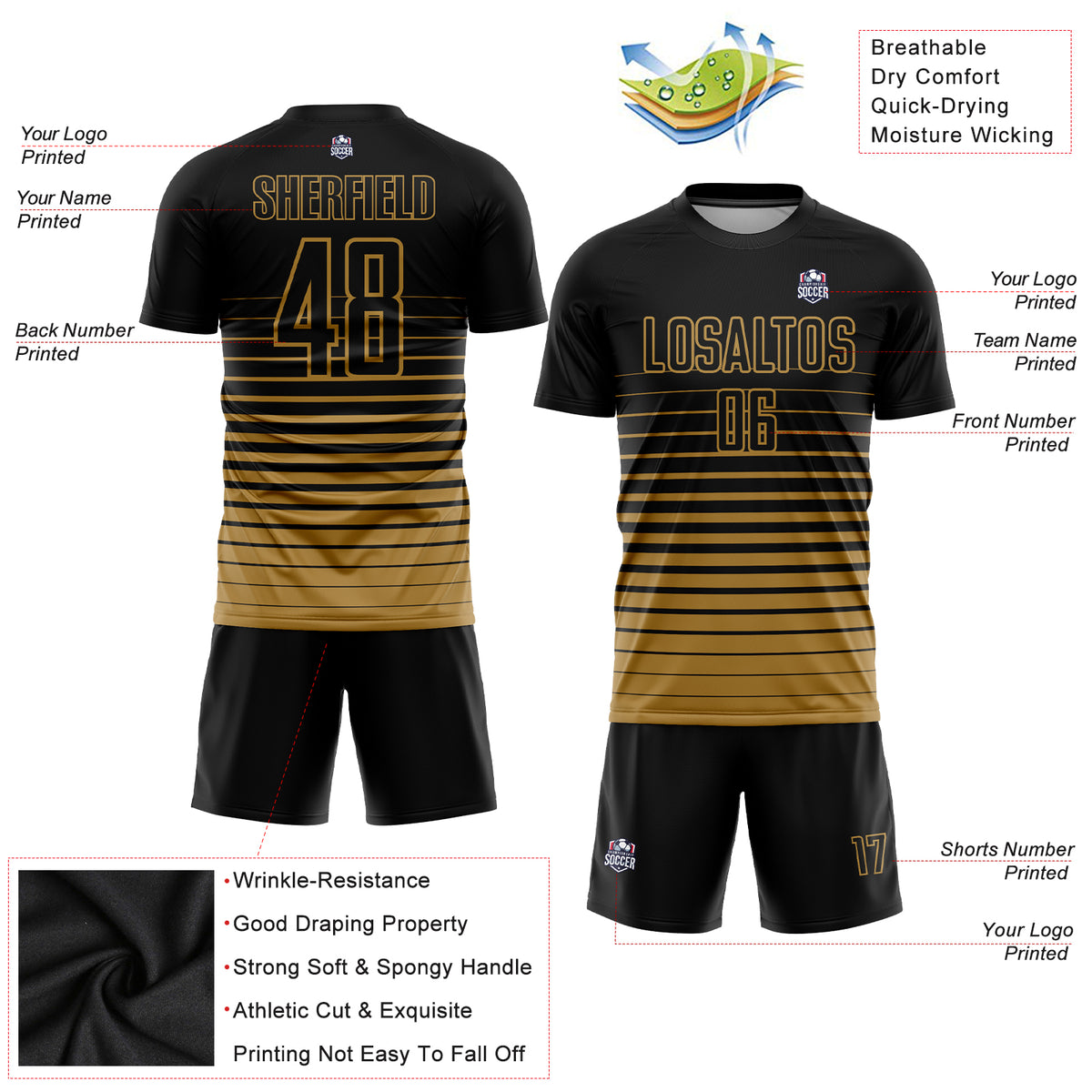 Custom Black Old Gold Pinstripe Fade Fashion Sublimation Soccer