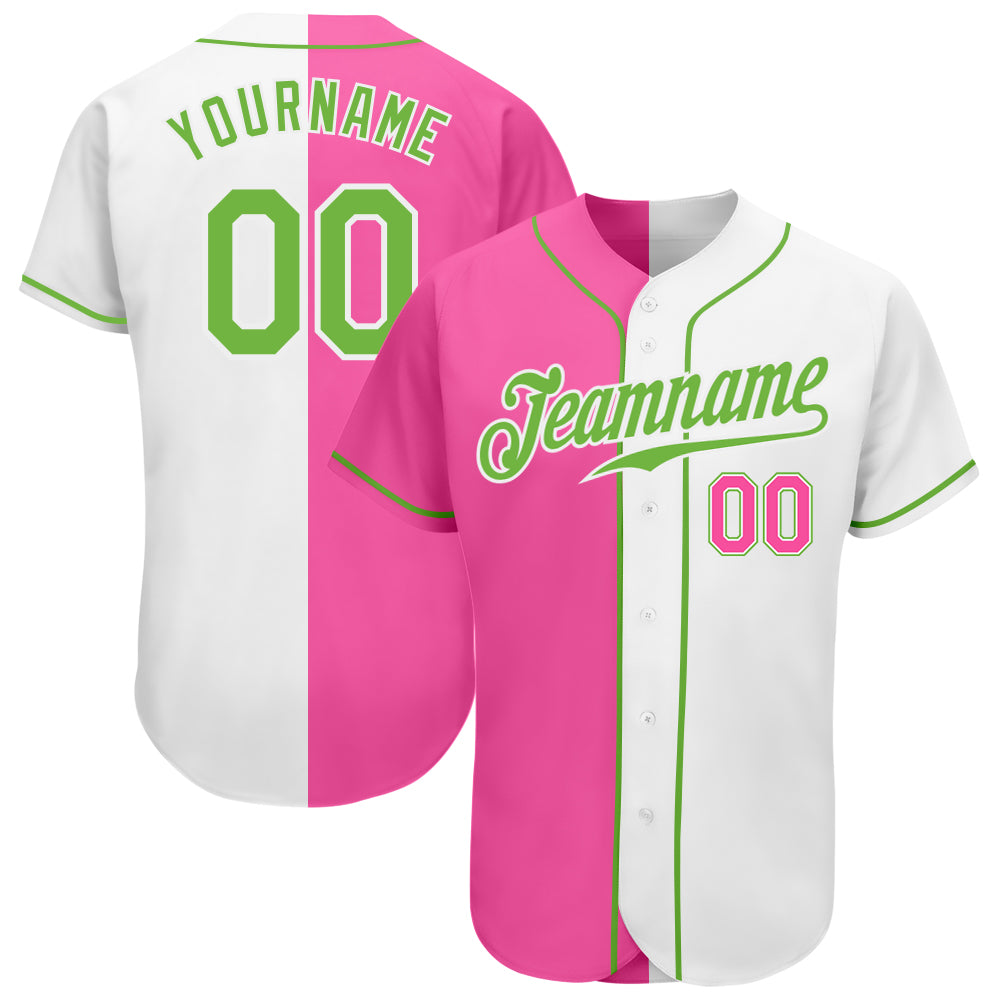 Custom White Neon Green-Pink Authentic Split Fashion Baseball