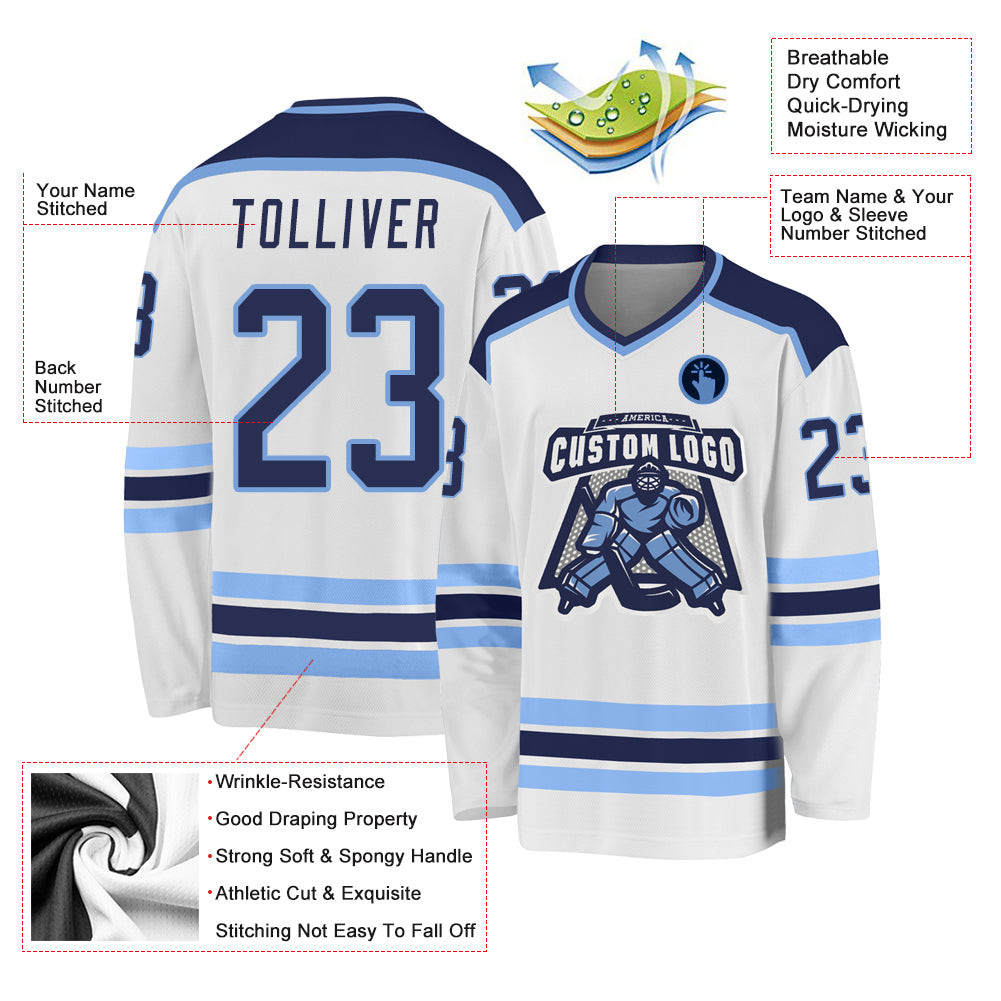 Custom White NavyLight Blue Hockey Jersey Free Shipping Fiitg