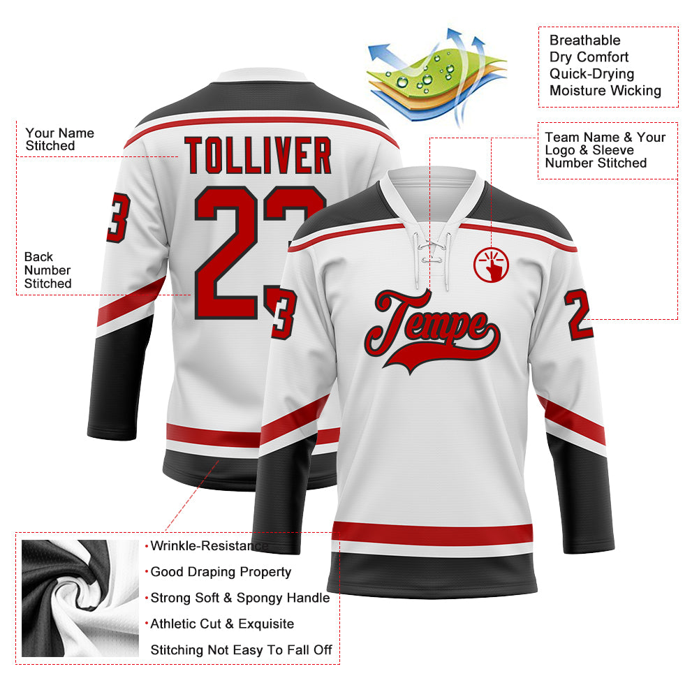 Custom Black Red Raglan Sleeves Lace-Up Neck Breathable Hockey Hoodie Jersey