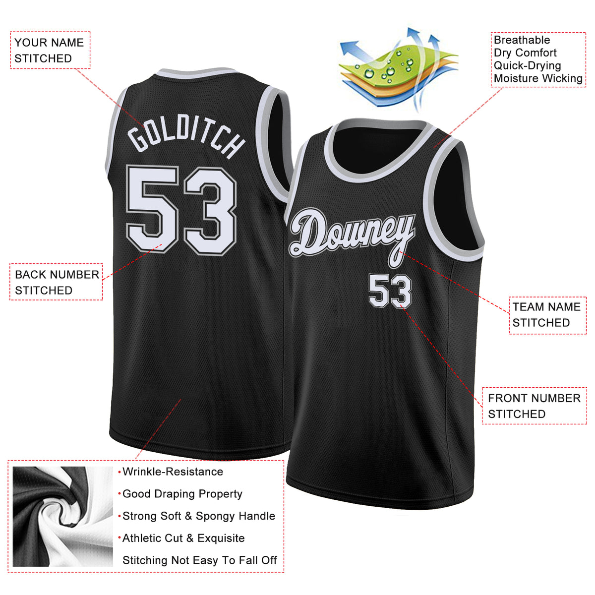 FIITG Custom Basketball Jersey Black White-Silver Gray Authentic Throwback Men's Size:L
