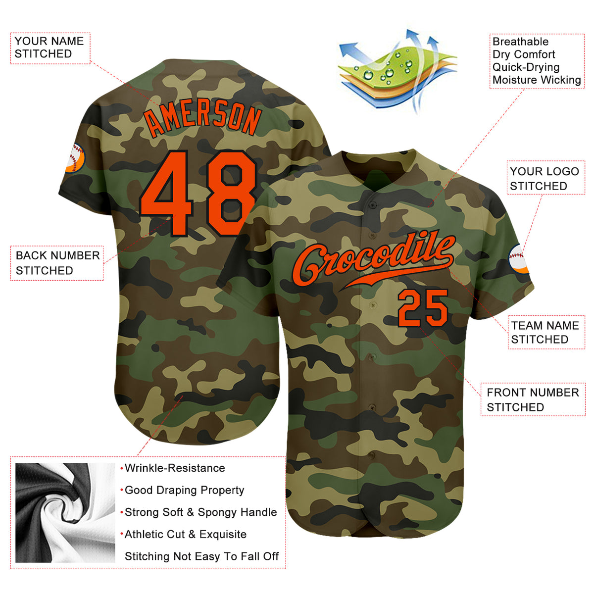 Custom Camo Orange-Black Authentic Baseball Jersey Free Shipping