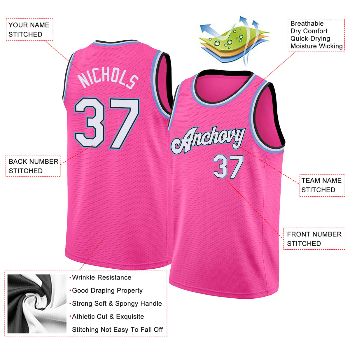 Custom Own Pink White Light Blue Basketball Stitched Jersey Free Shipping –  Fiitg