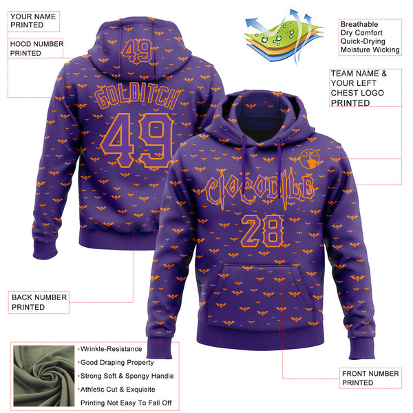 Custom Purple Bay Orange 3D Halloween Bat Skull Doodle Party Costume Ideas Sports Pullover Sweatshirt Hoodie