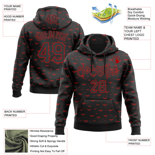 Custom Black Red 3D Halloween Bat Skull Doodle Party Costume Ideas Sports Pullover Sweatshirt Hoodie