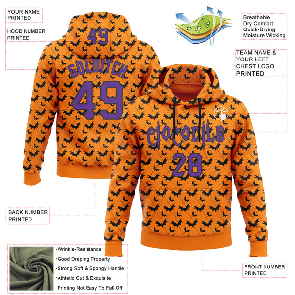 Custom Bay Orange Purple-Black 3D Halloween Bat Party Costume Ideas Sports Pullover Sweatshirt Hoodie