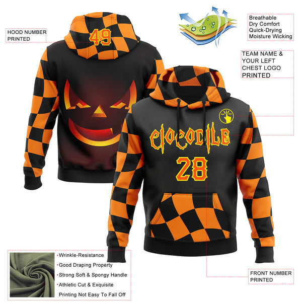 Custom Black Orange-Light Yellow 3D Halloween Checkboard Pumpkin Party Costume Ideas Sports Pullover Sweatshirt Hoodie