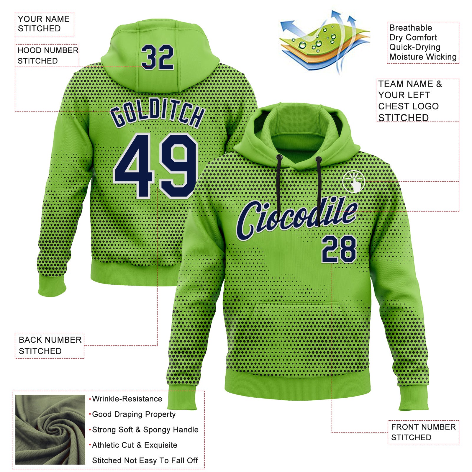 Custom Stitched Neon Green Navy-White 3D Pattern Design Sports Wear Pullover Sweatshirt Hoodie