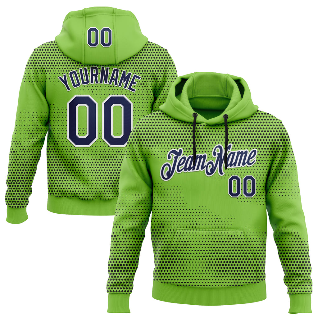 Custom Stitched Neon Green Navy-White 3D Pattern Design Sports Wear Pullover Sweatshirt Hoodie