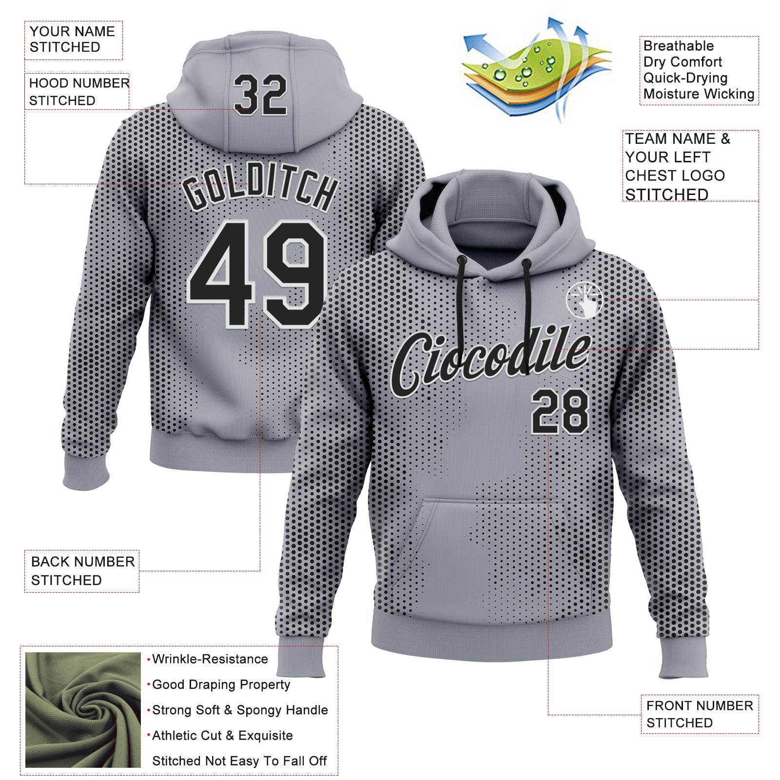 Custom Stitched Gray Black-White 3D Pattern Design Sports Wear Pullover Sweatshirt Hoodie