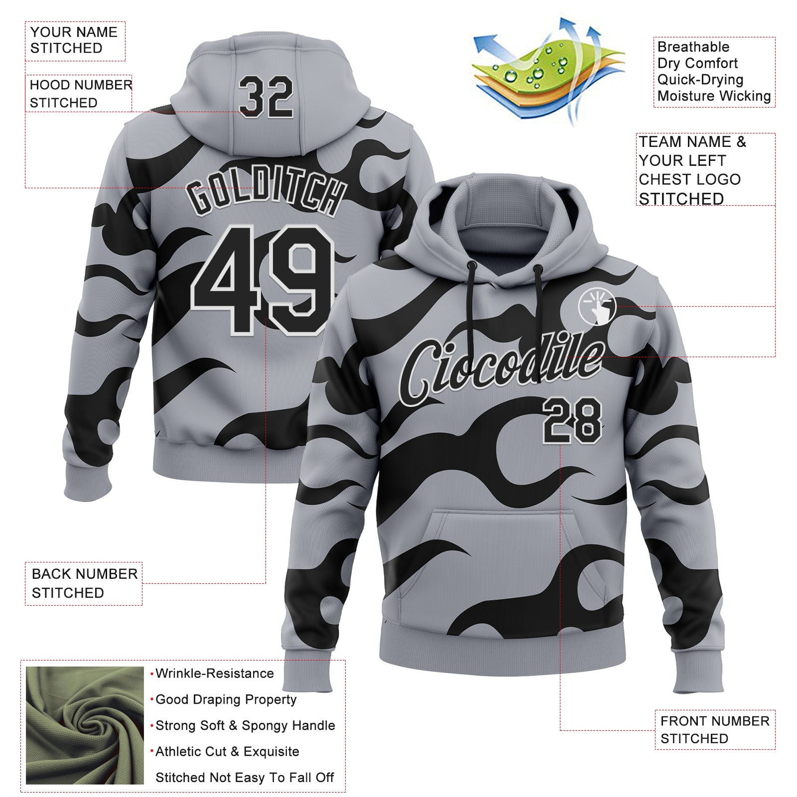 Custom Stitched Gray Black-White 3D Pattern Design Sports Wear Pullover Sweatshirt Hoodie