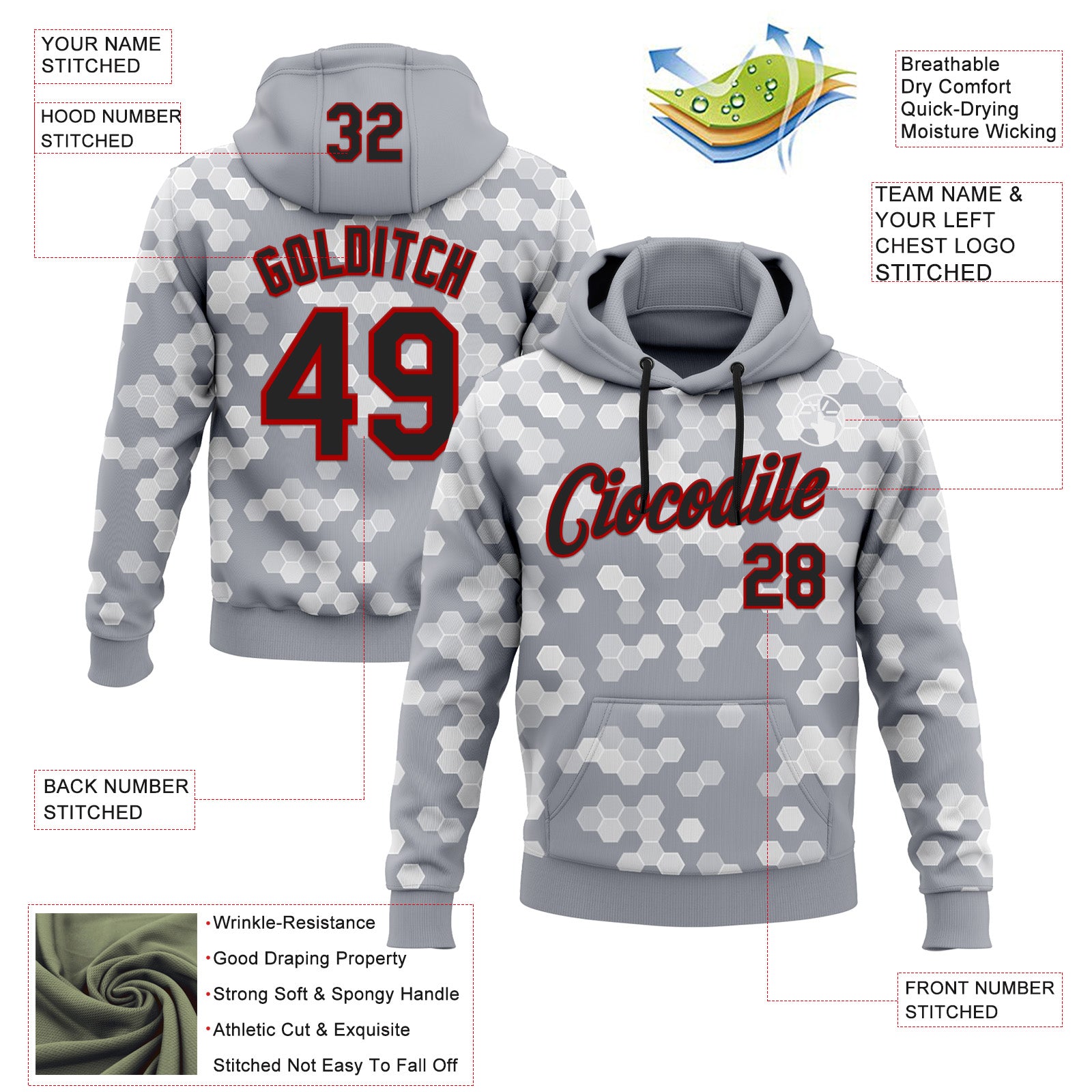 Custom Stitched Gray Black-Red 3D Pattern Design Sports Wear Pullover Sweatshirt Hoodie