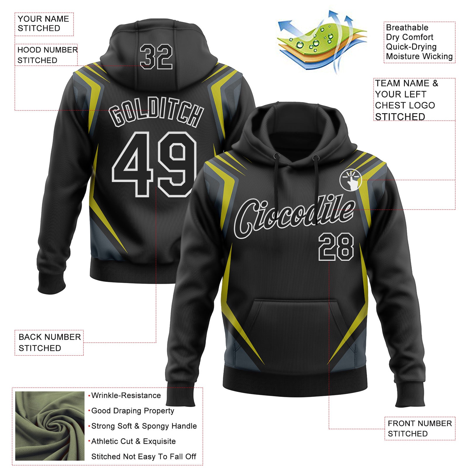 Custom Stitched Black Yellow-White 3D Pattern Design Sports Wear Pullover Sweatshirt Hoodie