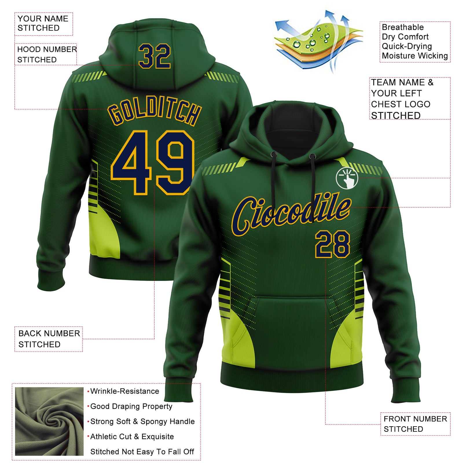 Custom Stitched Green Navy-Gold 3D Pattern Design Sports Wear Pullover Sweatshirt Hoodie