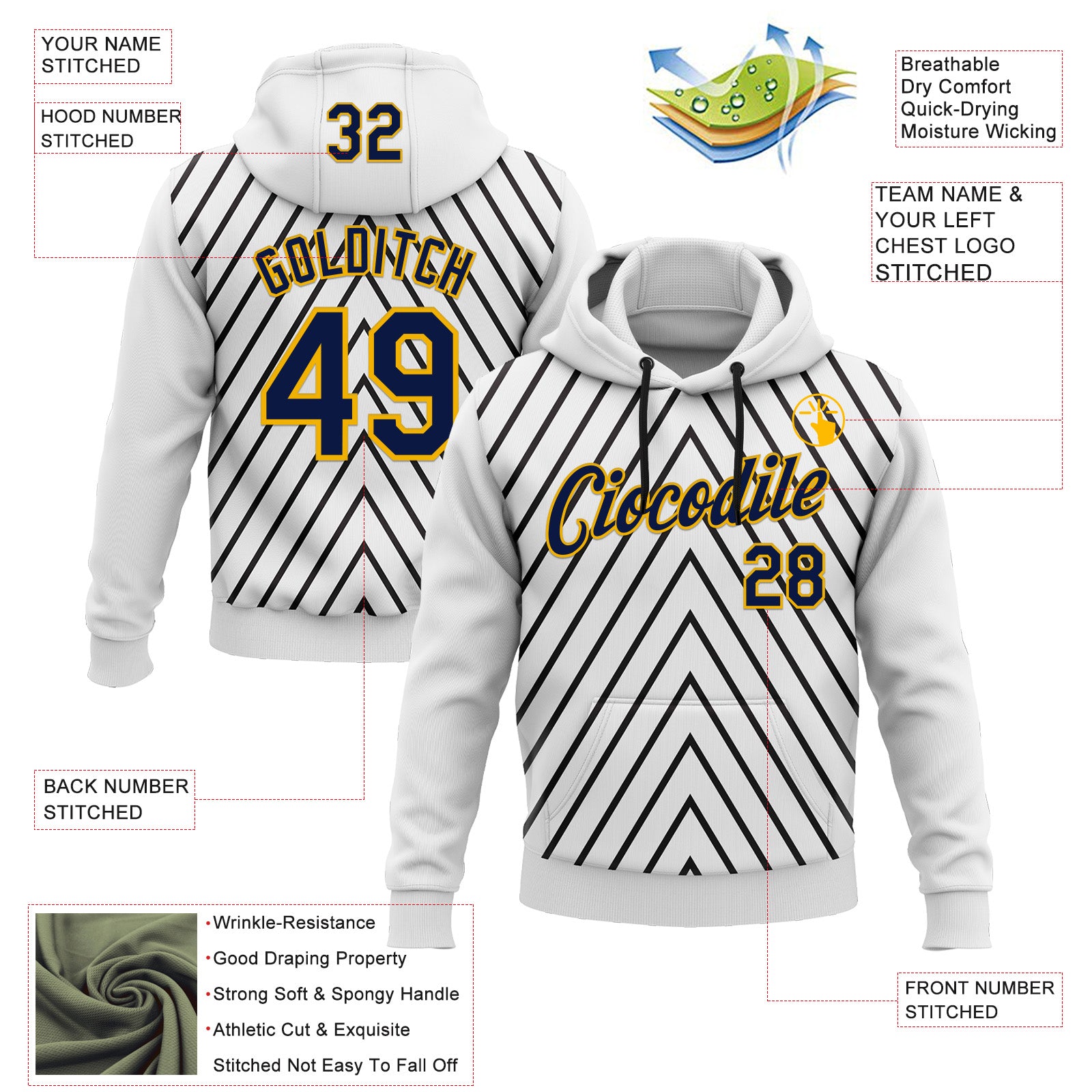 Custom Stitched White Navy Black-Gold 3D Pattern Design Sports Wear Pullover Sweatshirt Hoodie