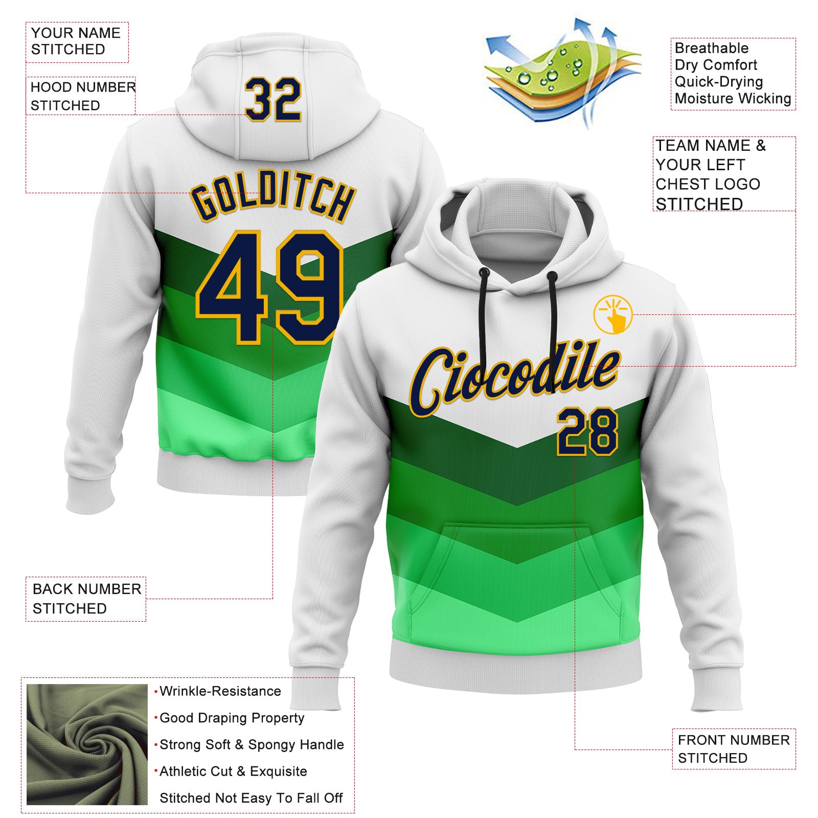 Custom Stitched White Navy Green-Gold 3D Pattern Design Sports Wear Pullover Sweatshirt Hoodie
