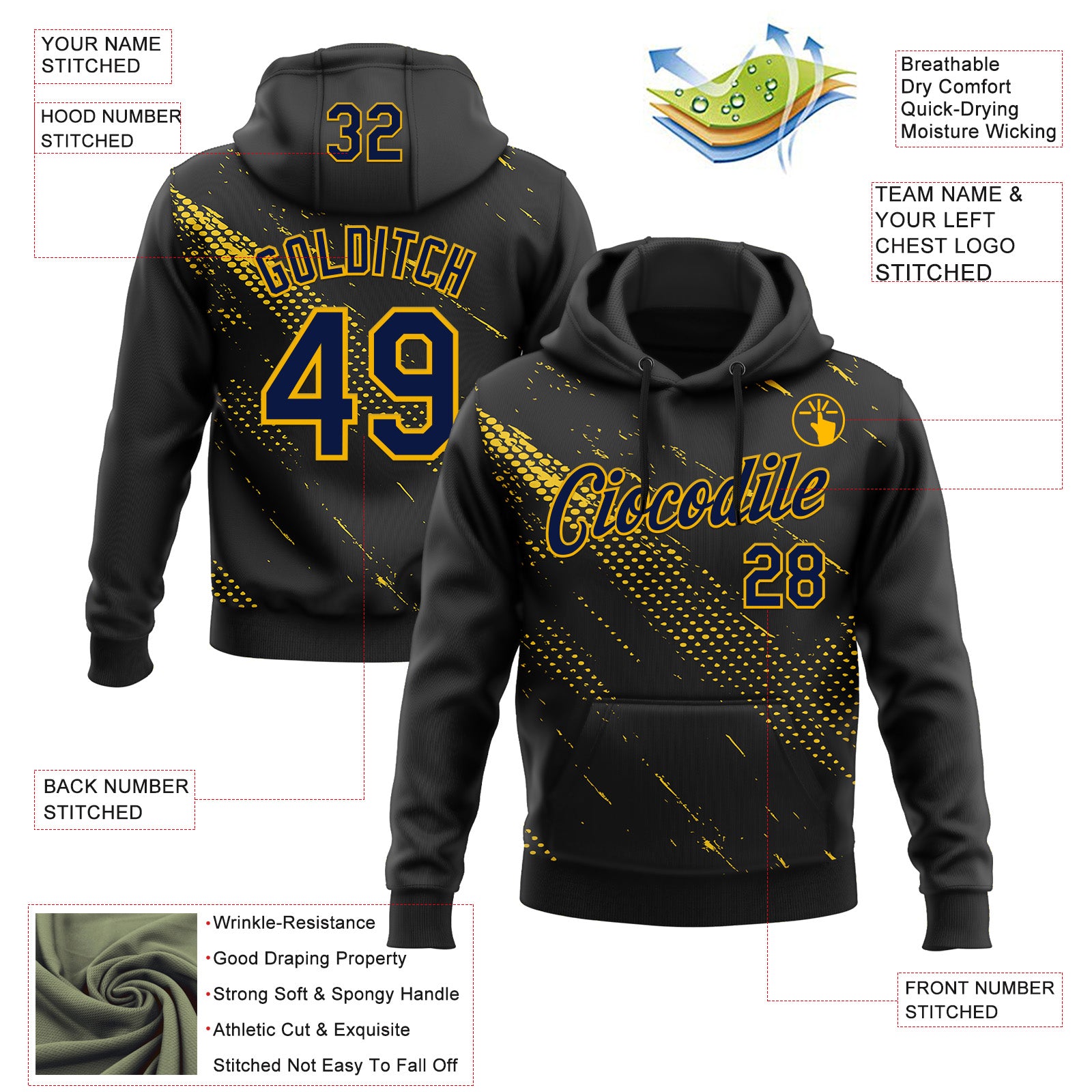 Custom Stitched Black Navy-Gold 3D Pattern Design Sports Wear Pullover Sweatshirt Hoodie