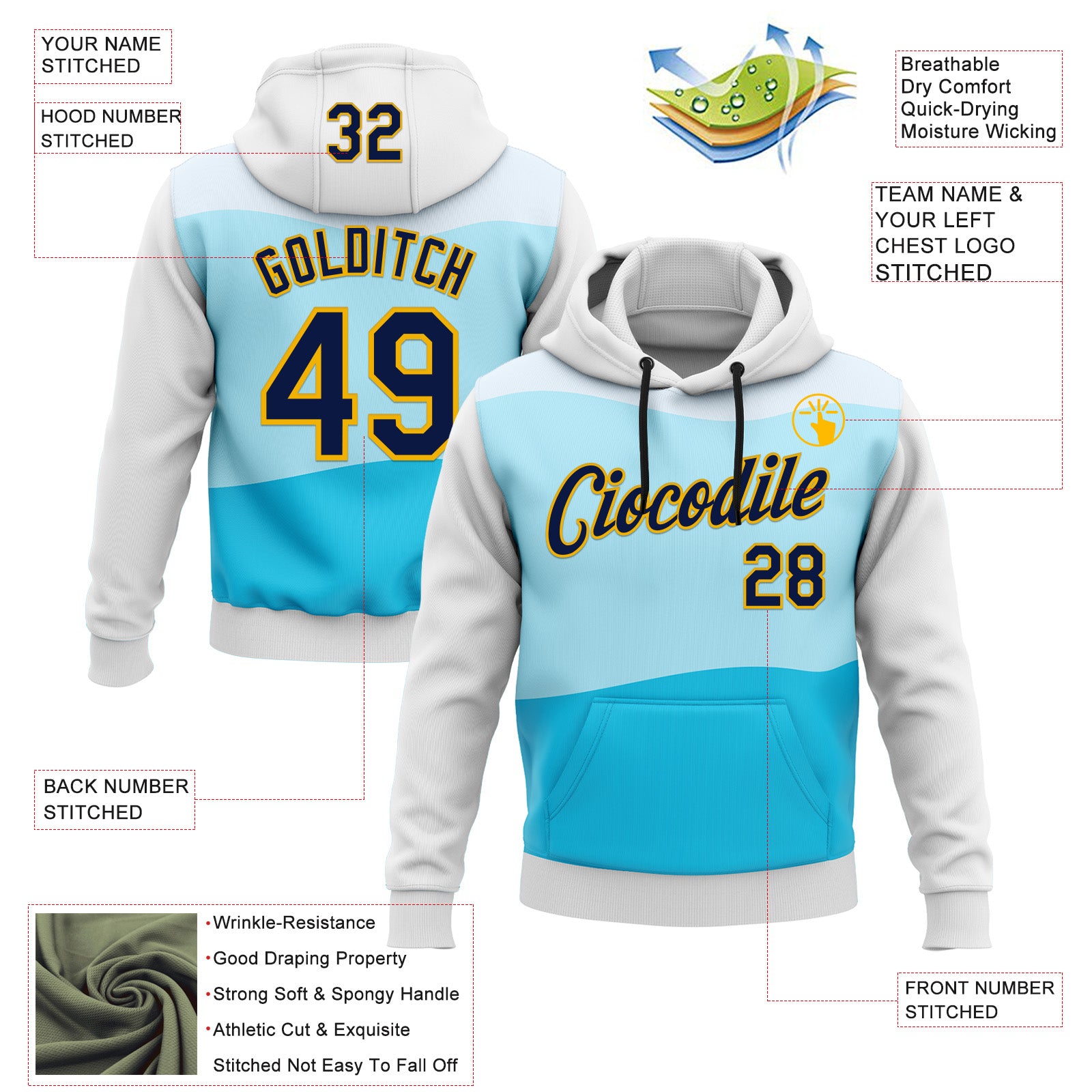 Custom Stitched Black Navy Blue-Gold 3D Pattern Design Sports Wear Pullover Sweatshirt Hoodie