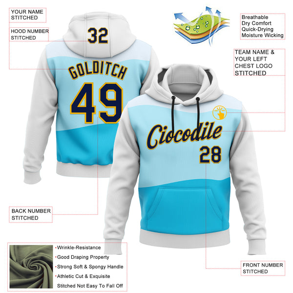 Custom Stitched Black Navy Blue-Gold 3D Pattern Design Sportswear Pullover Sweatshirt Hoodie