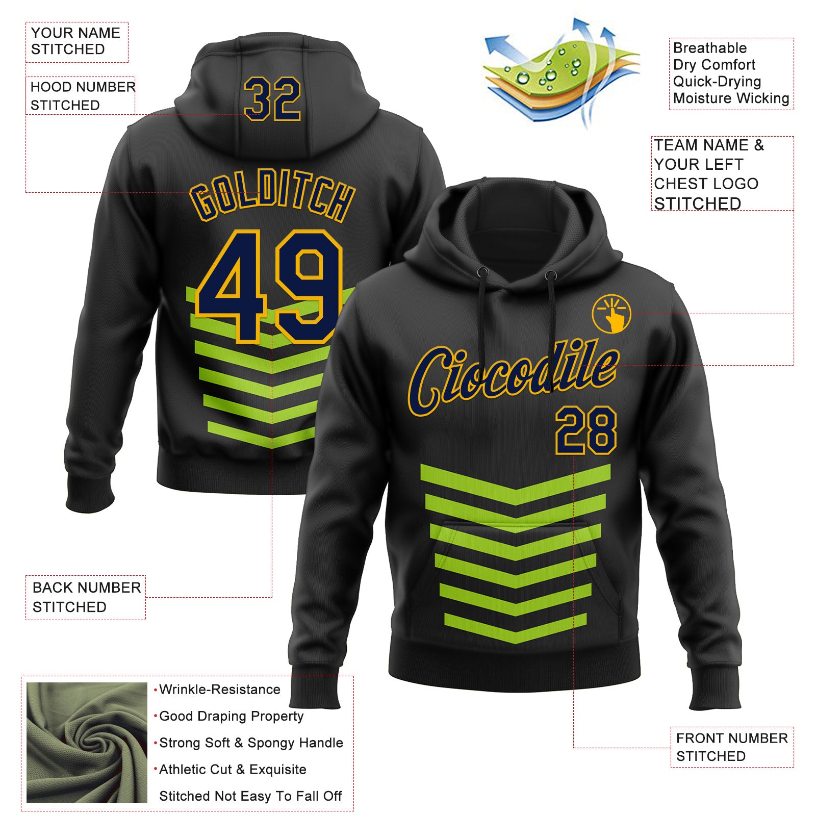 Custom Stitched Black Green-Gold 3D Pattern Design Sports Wear Pullover Sweatshirt Hoodie