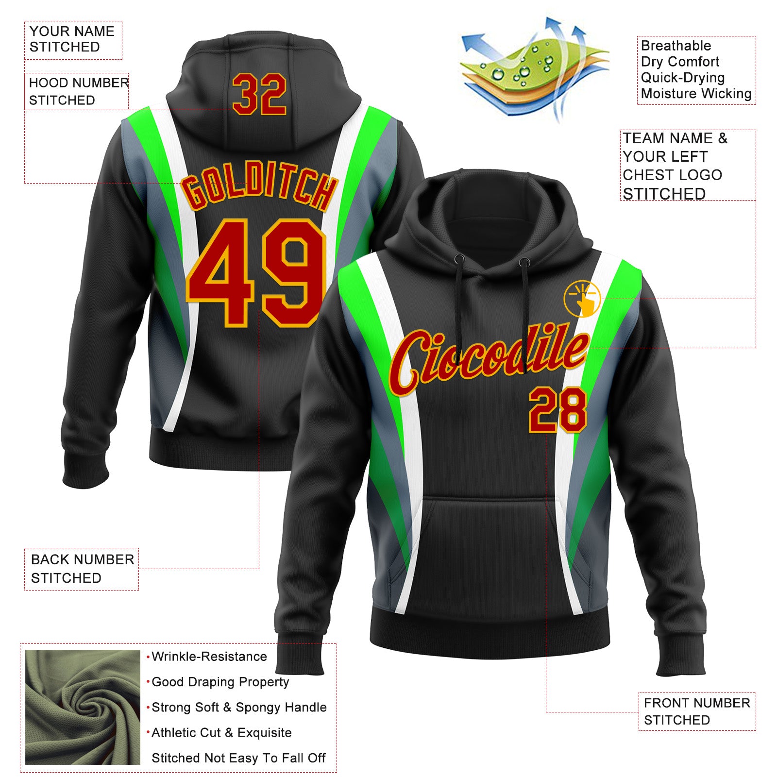 Custom Stitched Black Red White Green-Gold 3D Pattern Design Sports Wear Pullover Sweatshirt Hoodie