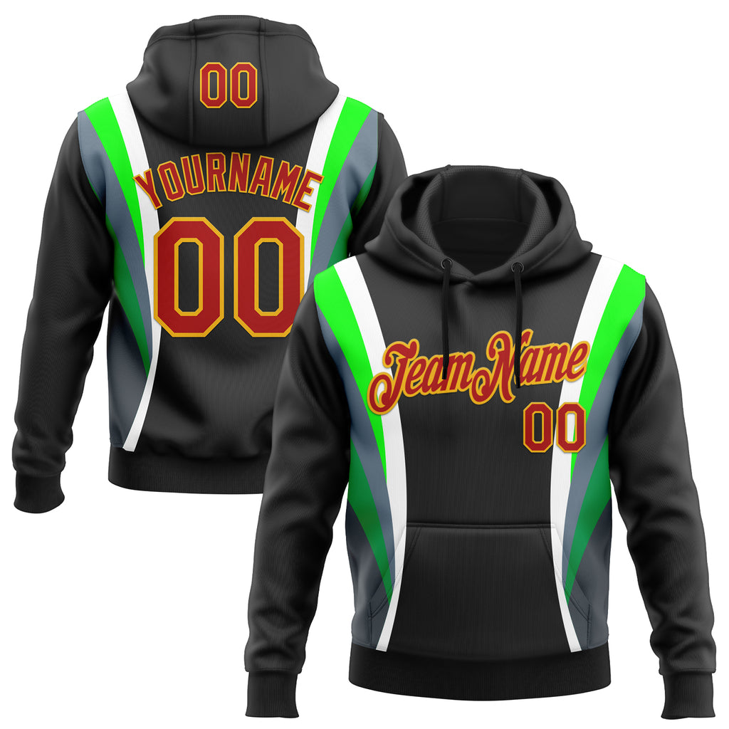 Custom Stitched Black Red White Green-Gold 3D Pattern Design Sports Wear Pullover Sweatshirt Hoodie