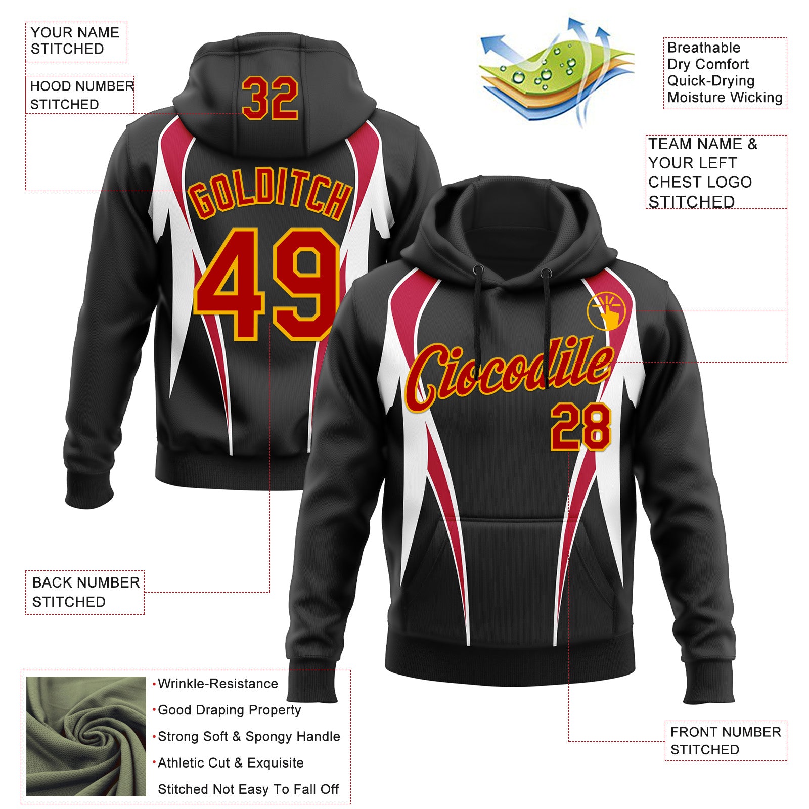 Custom Stitched Black Red White-Gold 3D Pattern Design Sports Wear Pullover Sweatshirt Hoodie