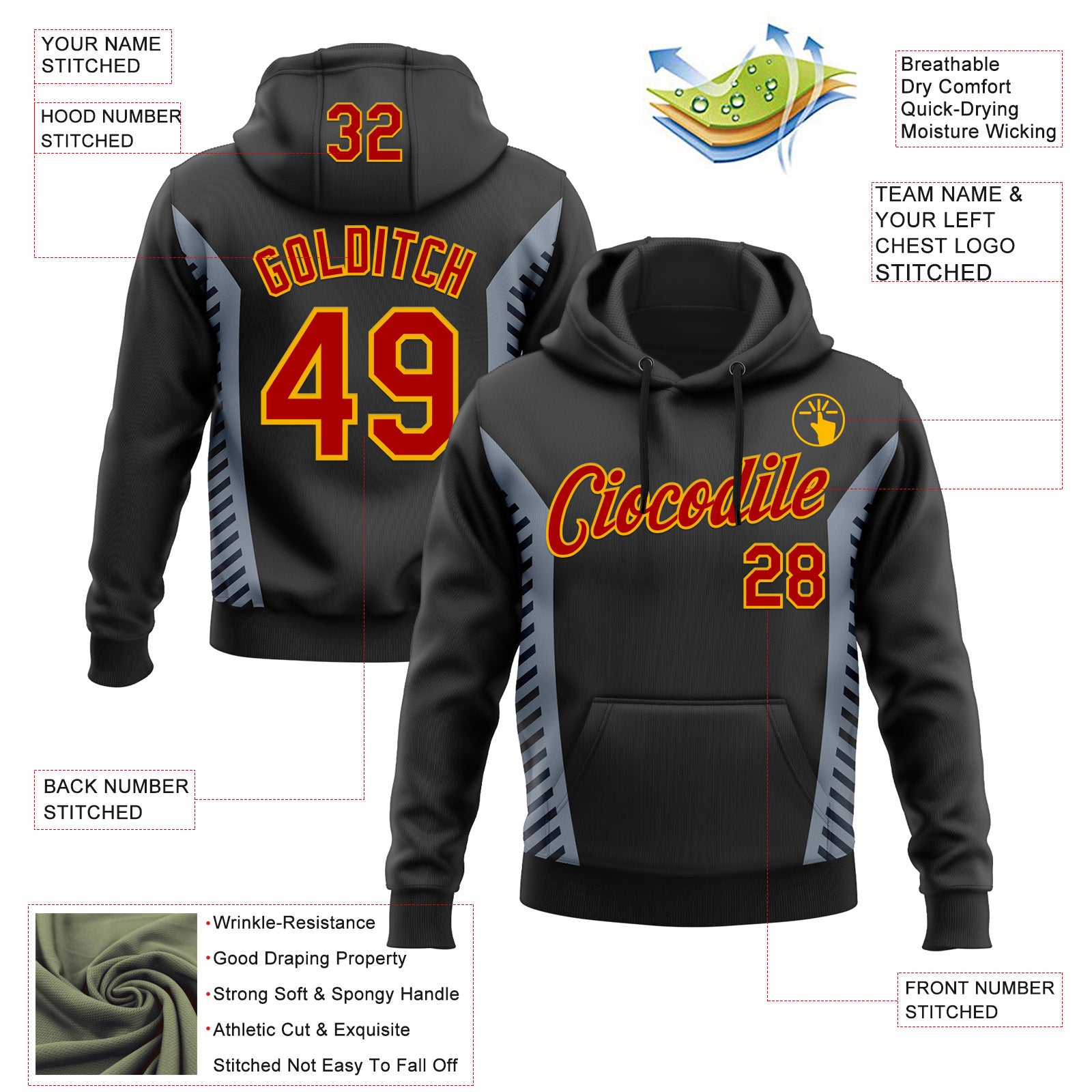 Custom Stitched Black Red Gray-Gold 3D Pattern Design Sports Wear Pullover Sweatshirt Hoodie