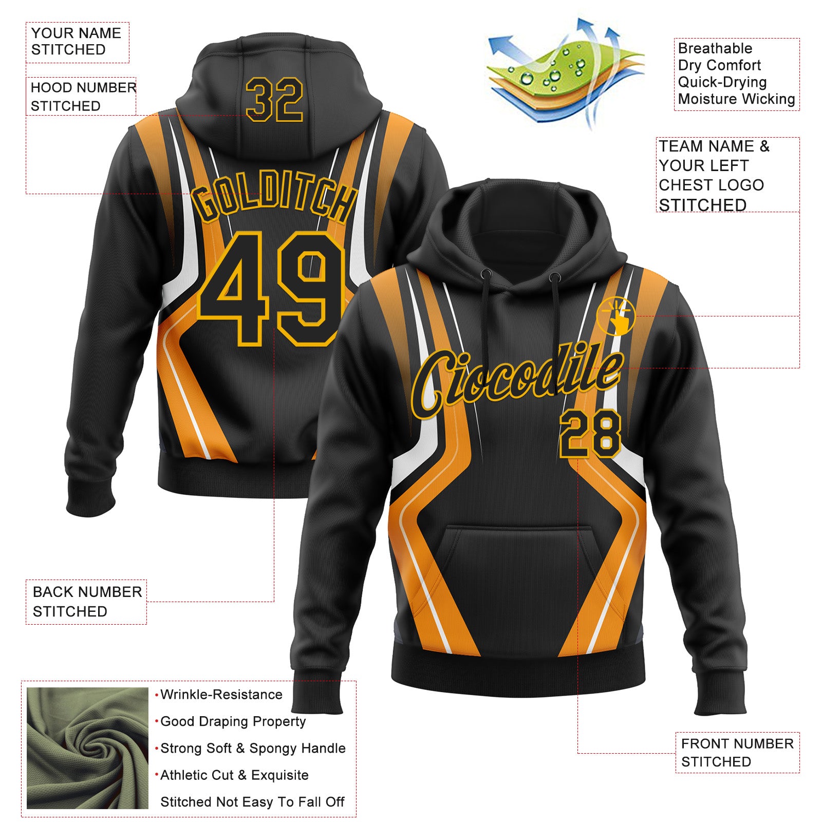 Custom Stitched Black Orange White-Gold 3D Pattern Design Sports Wear Pullover Sweatshirt Hoodie