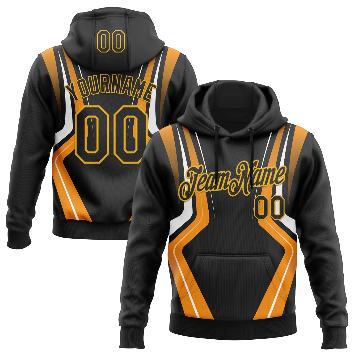 Custom Stitched Black Orange White-Gold 3D Pattern Design Sports Wear Pullover Sweatshirt Hoodie