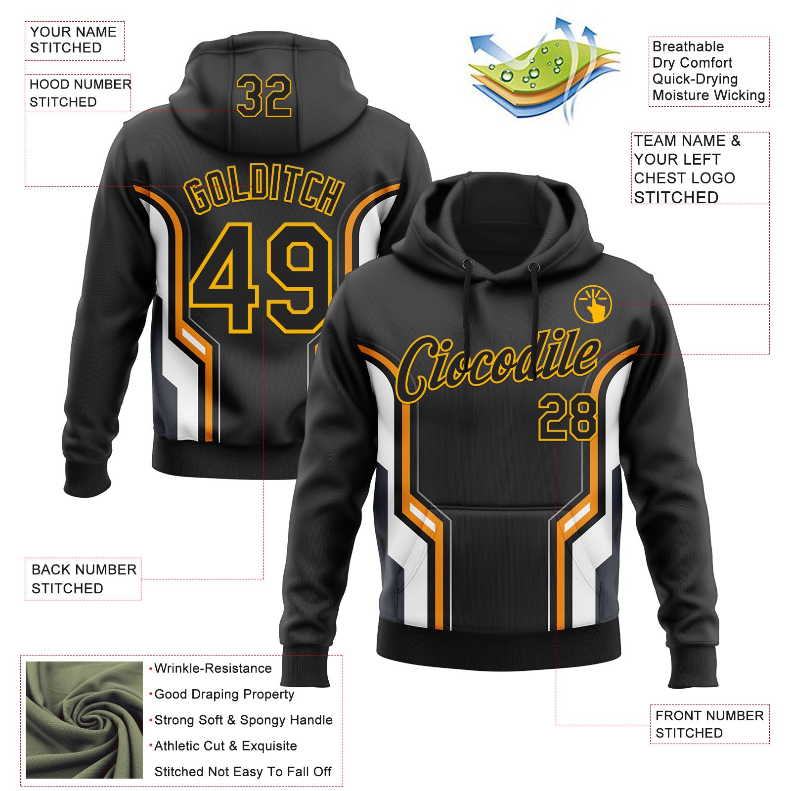 Custom Stitched Black Orange White-Gold 3D Pattern Design Sports Wear Pullover Sweatshirt Hoodie