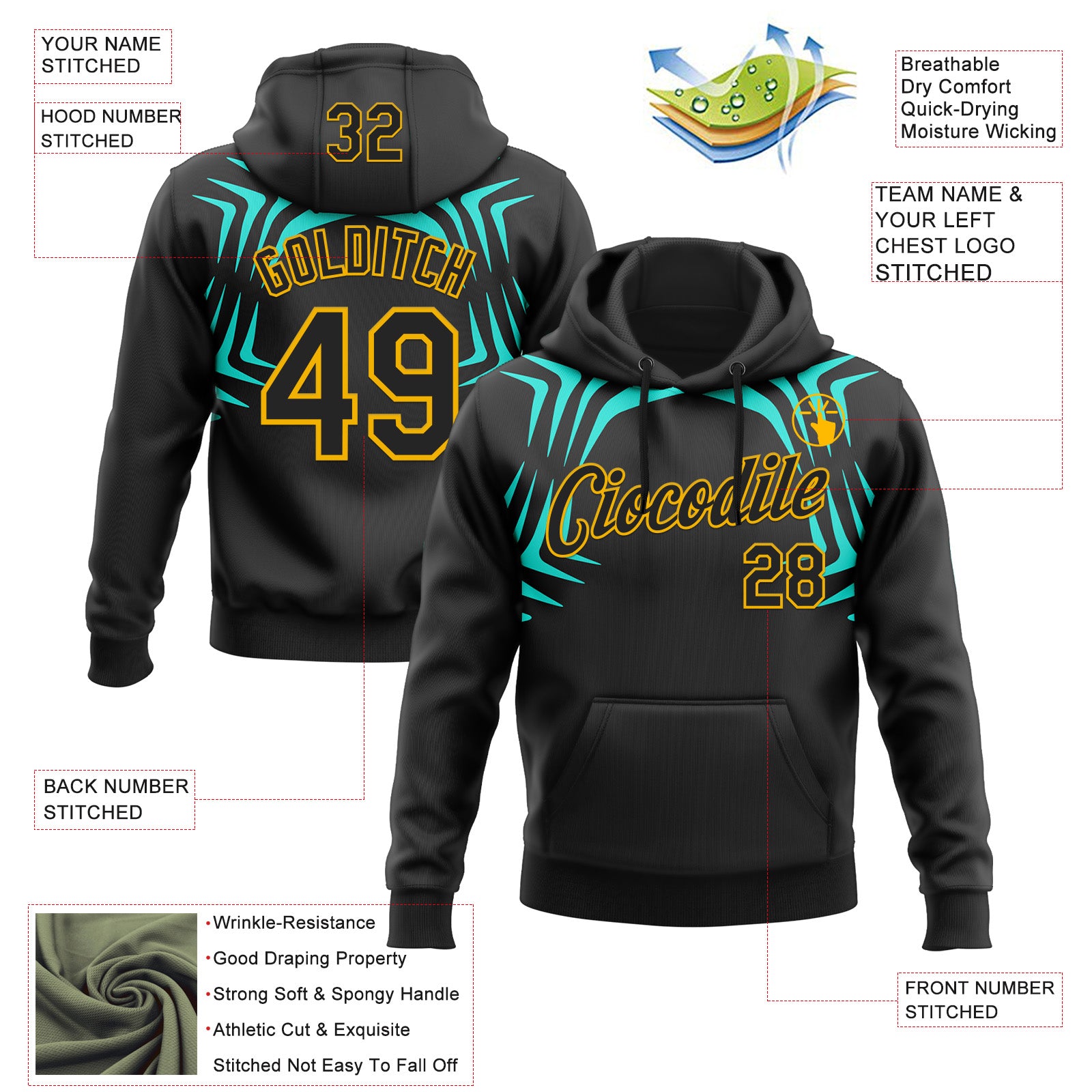Custom Stitched Black Green-Gold 3D Pattern Design Sports Wear Pullover Sweatshirt Hoodie