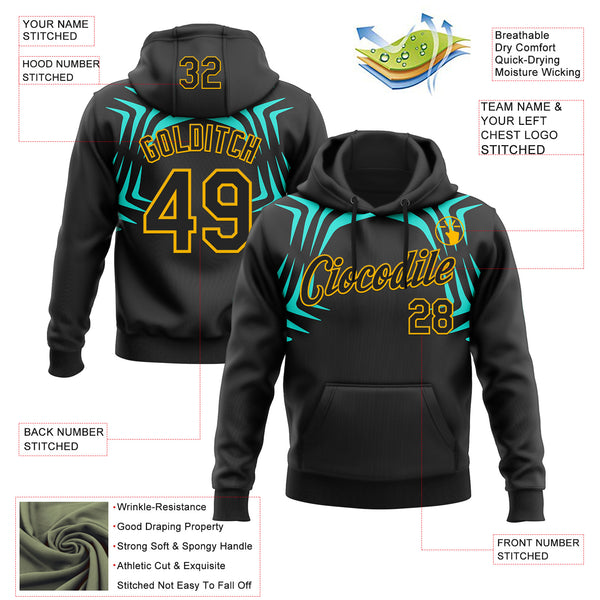 Custom Stitched Black Green-Gold 3D Pattern Design Sports Wear Pullover Sweatshirt Hoodie