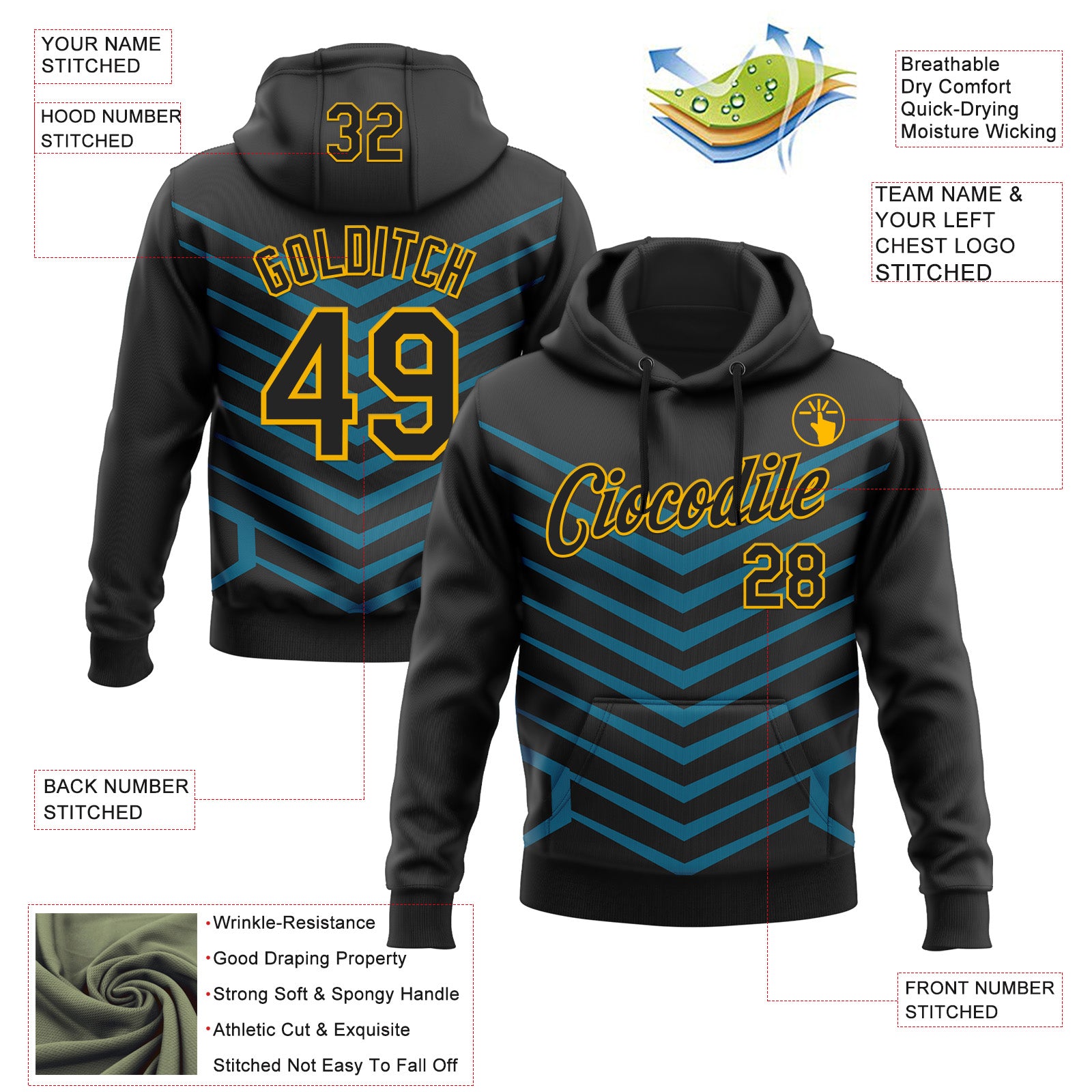 Custom Stitched Black Blue-Gold 3D Pattern Design Sports Wear Pullover Sweatshirt Hoodie