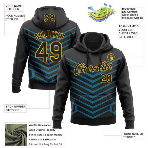 Custom Stitched Black Blue-Gold 3D Pattern Design Sports Wear Pullover Sweatshirt Hoodie