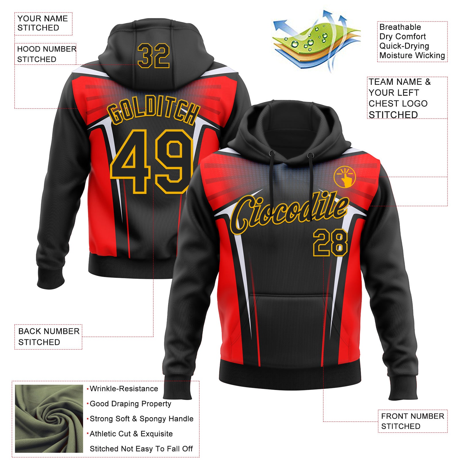 Custom Stitched Black Red White-Gold 3D Pattern Design Sports Wear Pullover Sweatshirt Hoodie