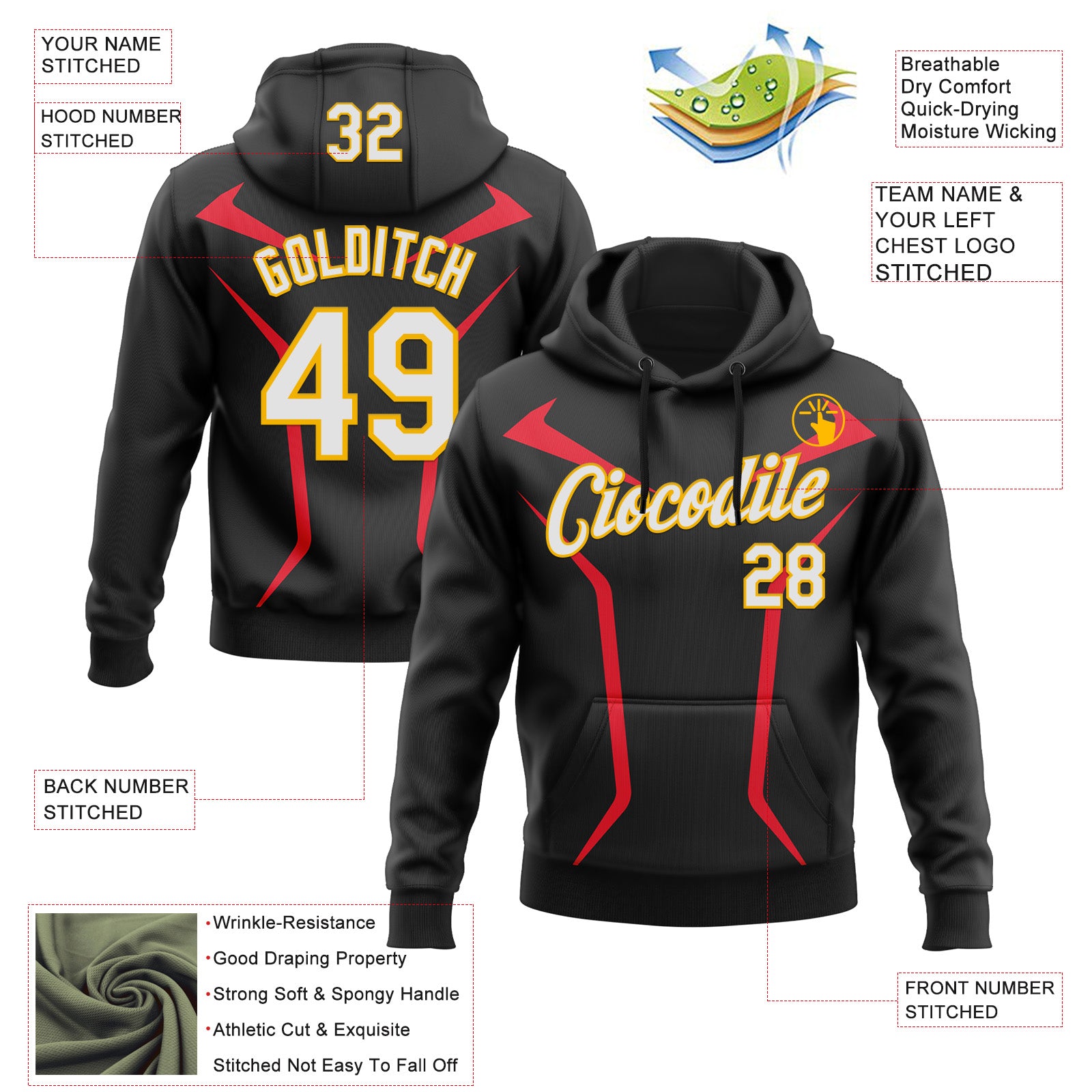 Custom Stitched Black White Red-Gold 3D Pattern Design Sports Wear Pullover Sweatshirt Hoodie