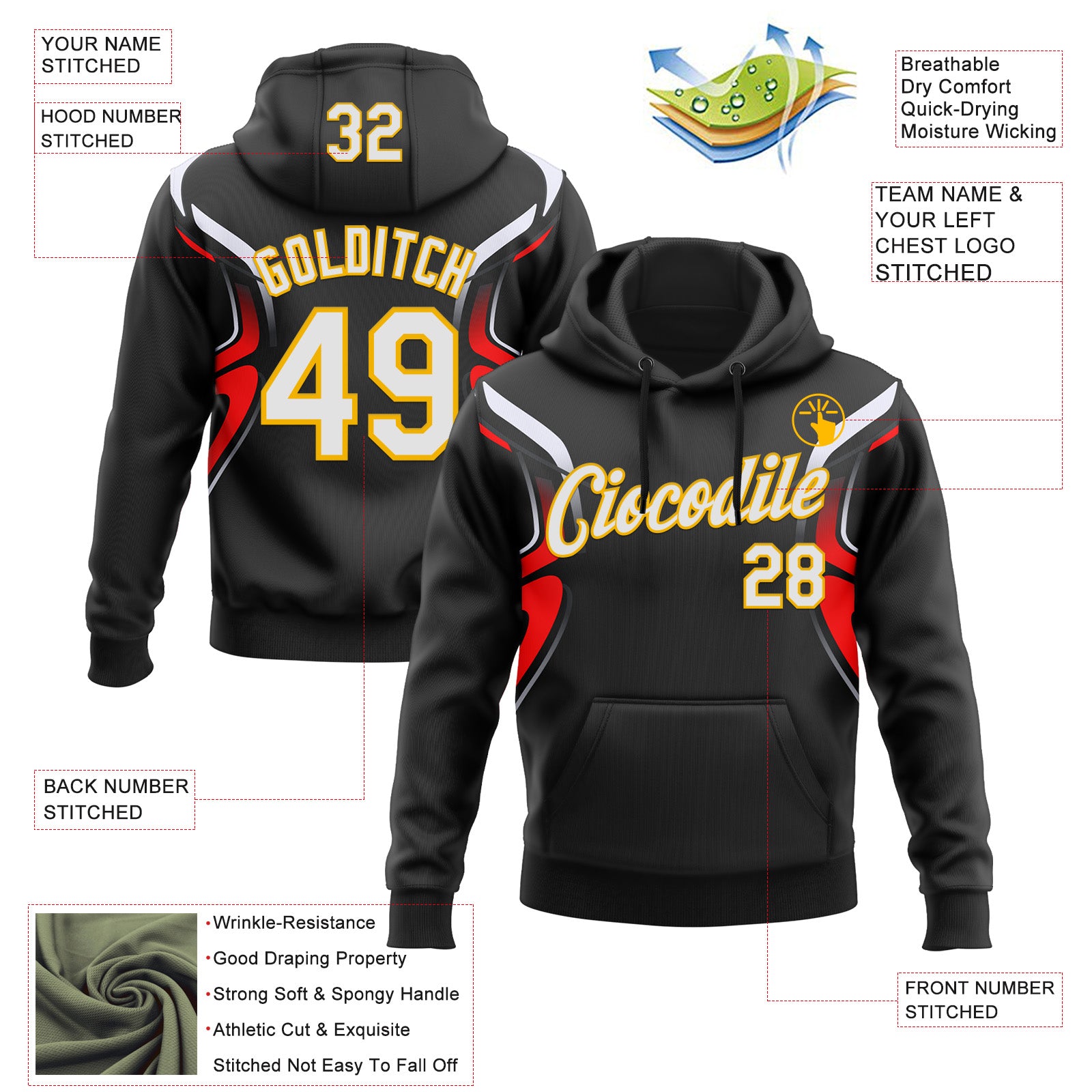 Custom Stitched Black White Red-Gold 3D Pattern Design Sports Wear Pullover Sweatshirt Hoodie