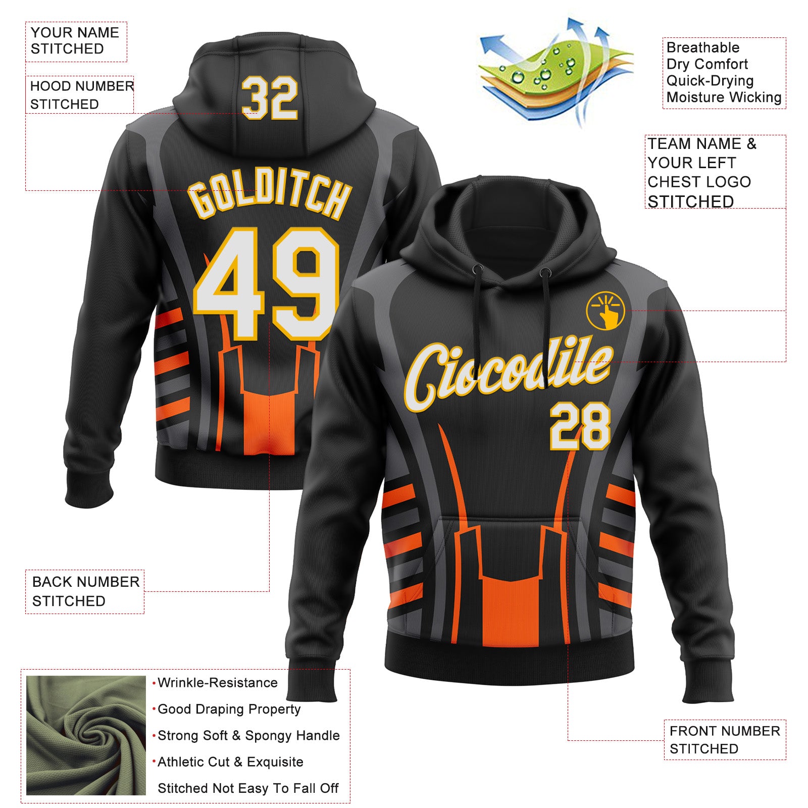 Custom Stitched Black White Gray Orange-Gold 3D Pattern Design Sports Wear Pullover Sweatshirt Hoodie