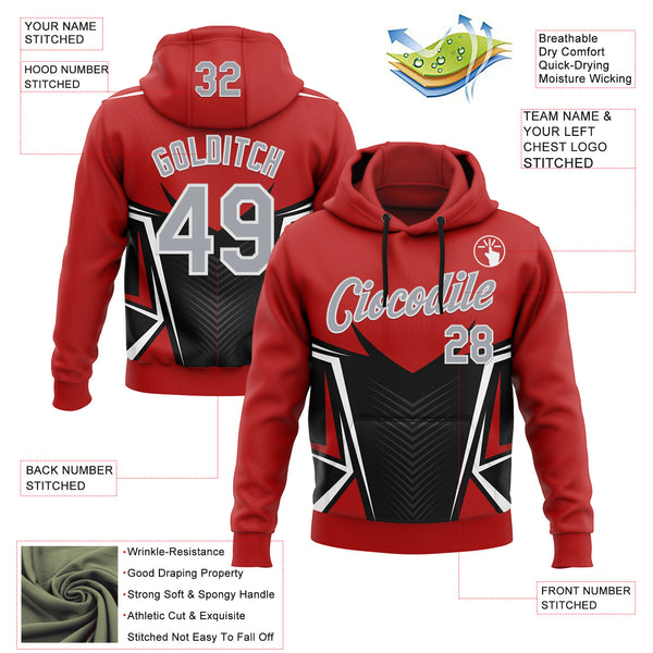 Custom Stitched Red Light Gray Black-White 3D Pattern Design Sports Wear Pullover Sweatshirt Hoodie