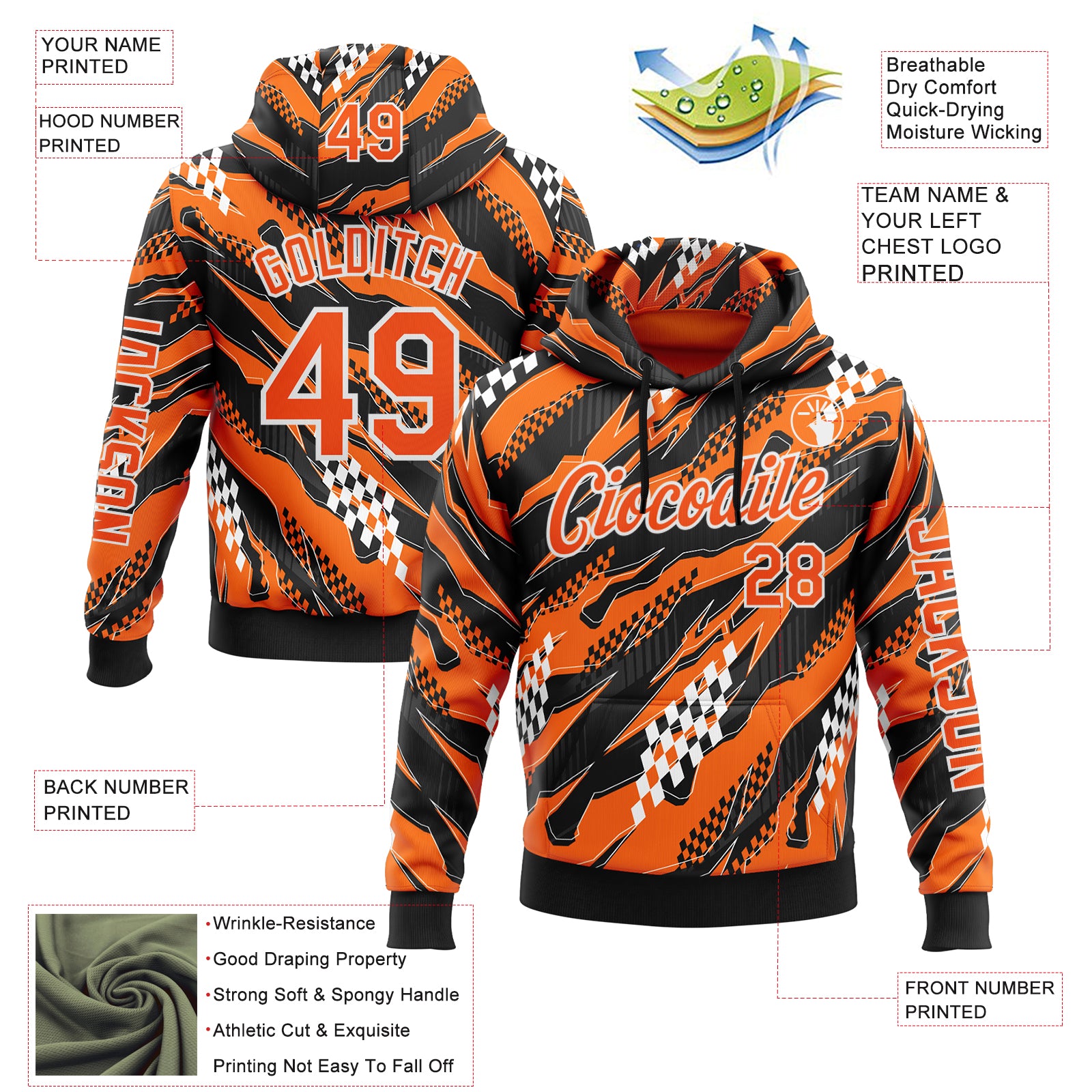 Custom Orange Black-White 3D Pattern Design Formula Auto Car Racing Motorsport Sports Pullover Sweatshirt Hoodie