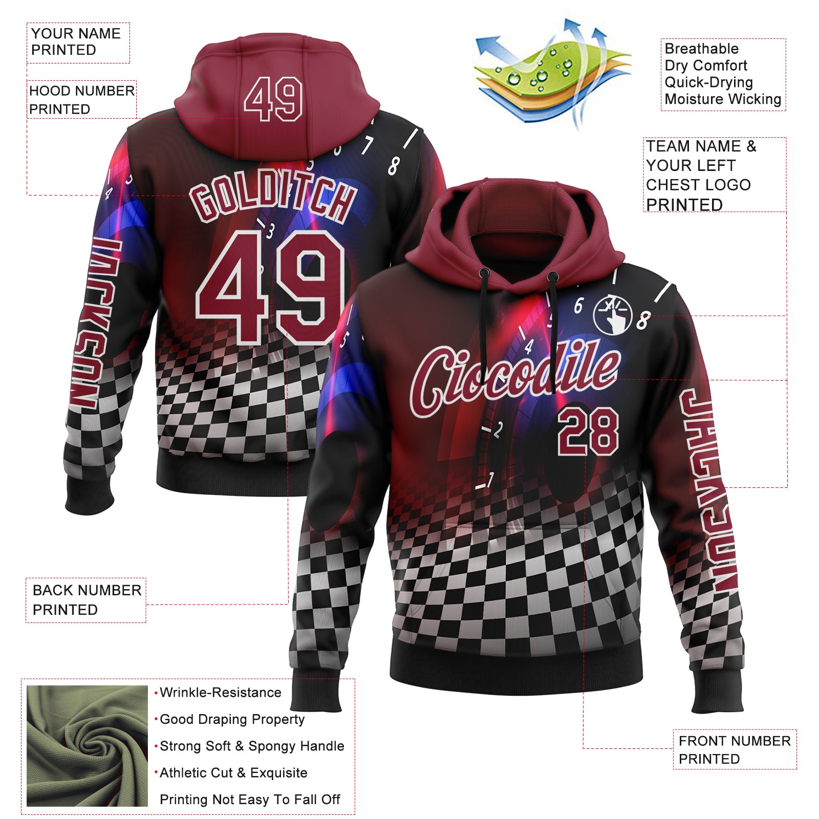 Custom Black Crimson-White 3D Pattern Design Formula Auto Car Racing Motorsport Sports Pullover Sweatshirt Hoodie