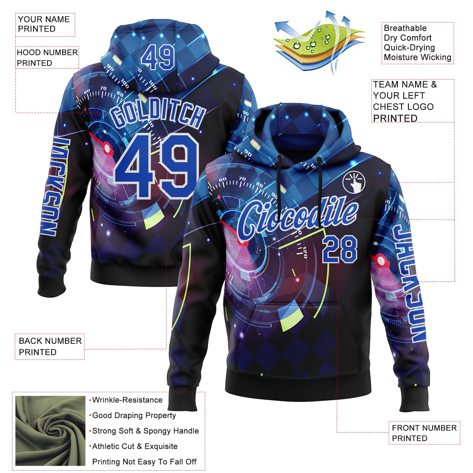 Custom Black Thunder Blue-White 3D Pattern Design Formula Auto Car Racing Motorsport Sports Pullover Sweatshirt Hoodie