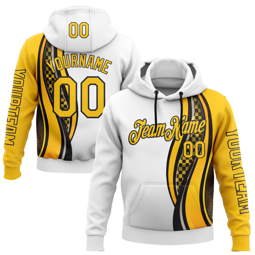 Custom White Yellow-Black 3D Pattern Design Formula Auto Car Racing Motorsport Sports Pullover Sweatshirt Hoodie